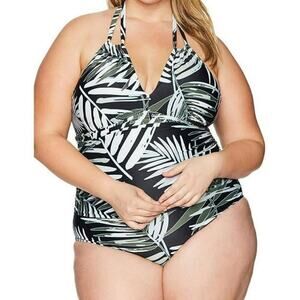 2/$30 NWT Coastal Blue 1 Piece Swimsuit 1X Botanical Tropical Palm Frond #0897